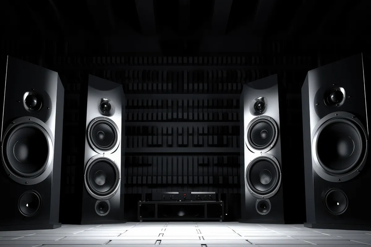 Duas grandes caixas de som pretas em estúdio com painel acústico e amplificador central