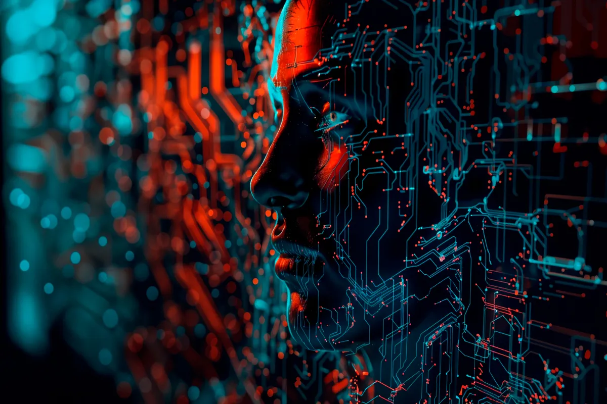 Close-up lateral de um rosto humano estilizado em 3D, com a pele substituída por diagramas de circuito e luzes neon (azul-ciano e vermelho) em um fundo escuro, simbolizando a fusão de humanidade e Inteligência Artificial (IA) ou tecnologia avançada.