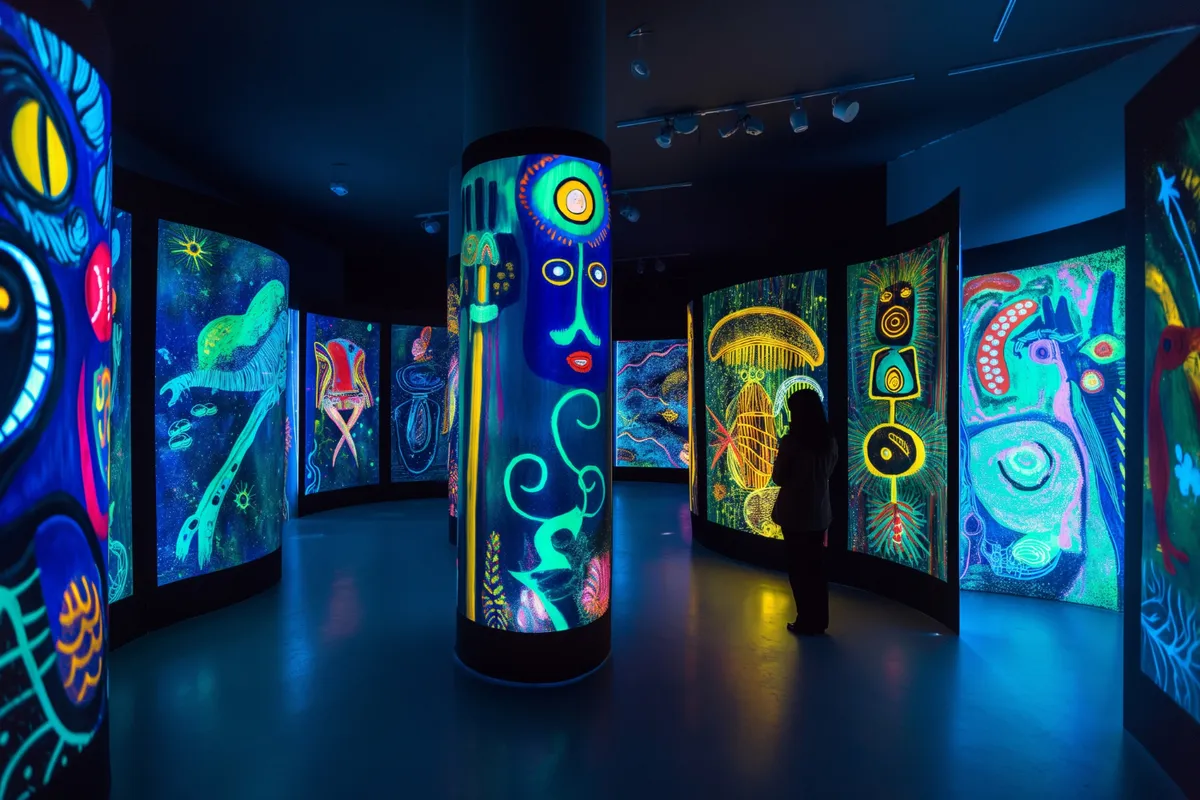 Galeria de arte escura e curva com uma pessoa de costas, cercada por painéis de LED altos, exibindo arte digital abstrata e fluorescente em cores azul, amarelo e verde neon, criando uma experiência imersiva.