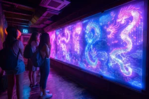 Três mulheres olhando para um enorme painel de LED retangular em um ambiente escuro, que exibe arte digital de dragões em estilo neon/fluorescente, com cores roxas e azuis vibrantes.