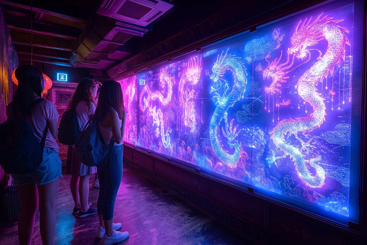 Três mulheres olhando para um enorme painel de LED retangular em um ambiente escuro, que exibe arte digital de dragões em estilo neon/fluorescente, com cores roxas e azuis vibrantes.