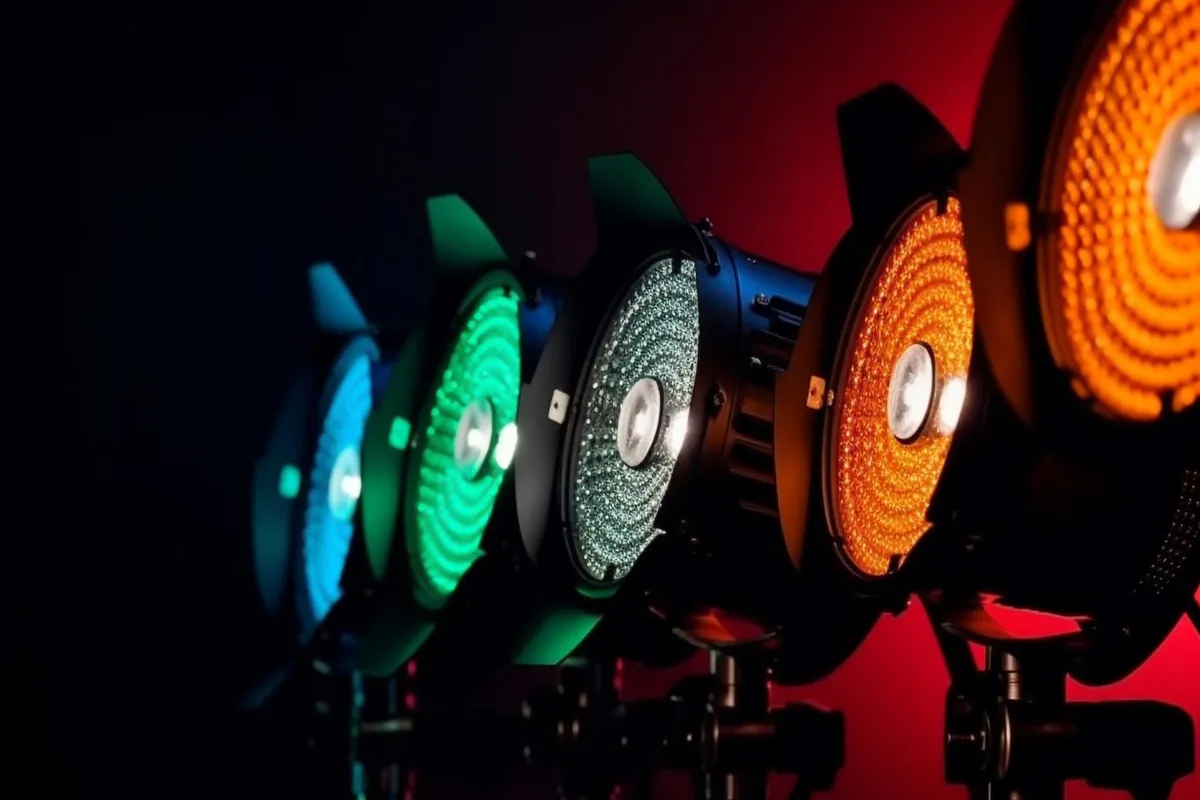 Fileira diagonal de cinco refletores de iluminação (PAR LED) de palco em um ambiente escuro, cada um emitindo uma cor intensa diferente: ciano, azul-claro, verde, verde-escuro/branco e laranja/âmbar.