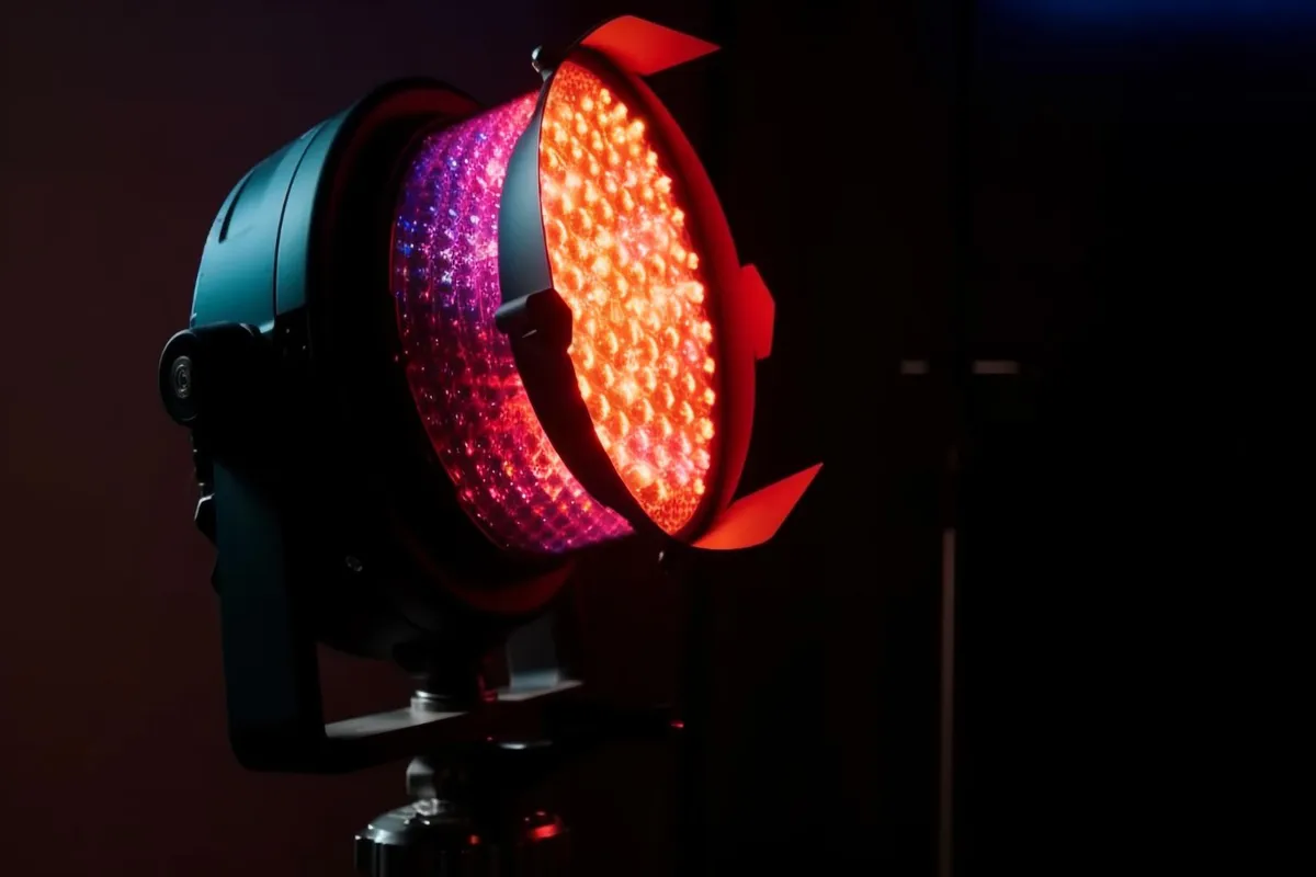 Close-up de um refletor de iluminação de palco ou estúdio com tecnologia LED (PAR LED), emitindo luzes fortes em cores magenta/roxo e laranja/vermelho.