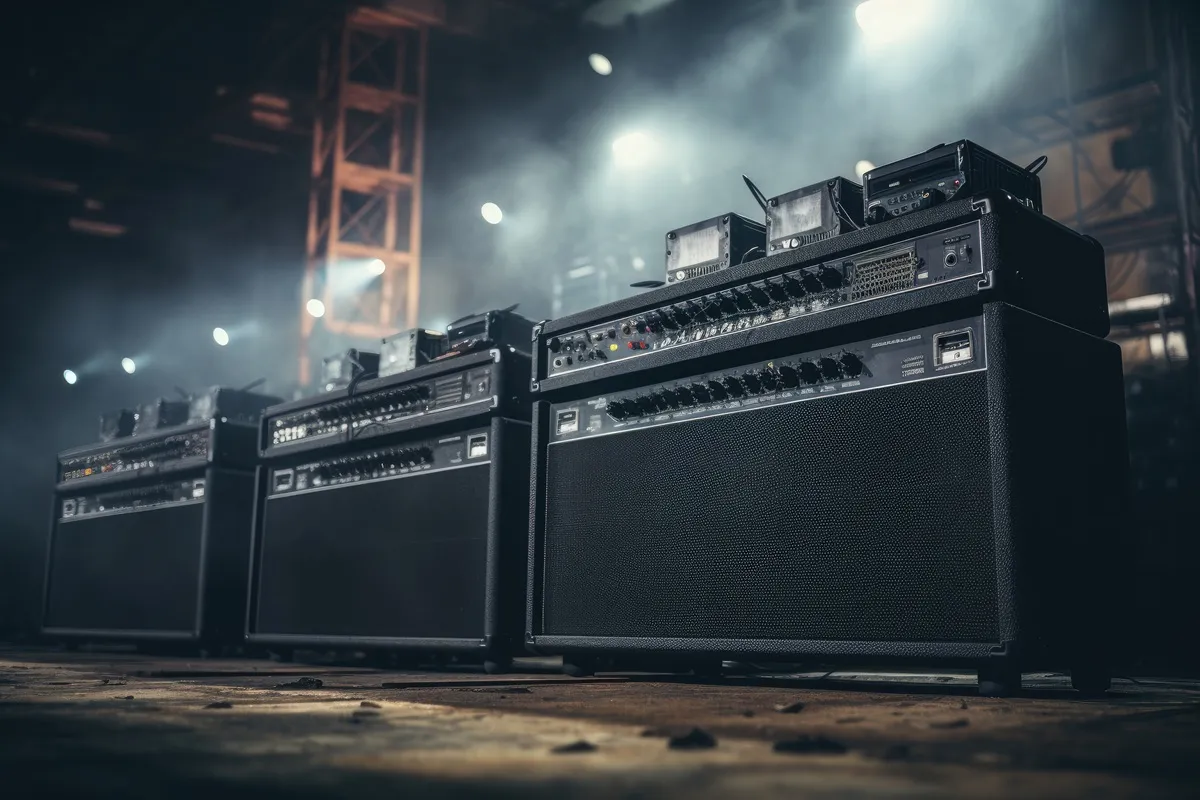 Amplificadores de som profissional alinhados em um palco iluminado, prontos para garantir qualidade de áudio em eventos de grande porte.