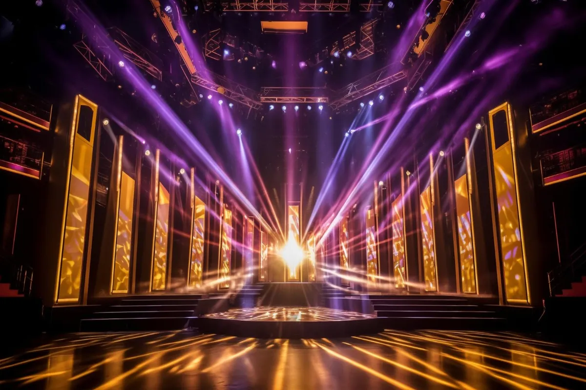 Palco de show ou evento com iluminação dramática em tons de roxo e dourado/âmbar, com raios de luz intensa e painéis verticais dourados nas laterais.
