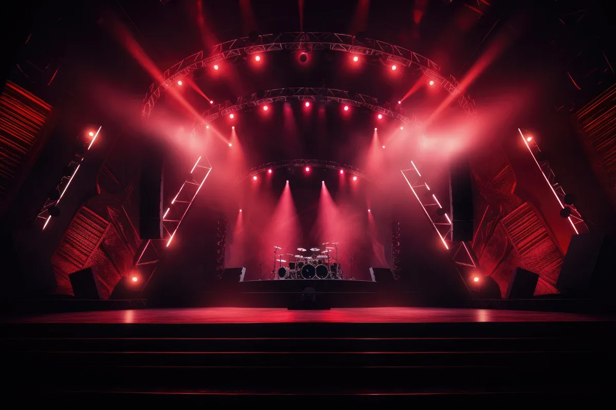 Palco de show ou concerto vazio, dramaticamente iluminado com luzes vermelhas intensas de cima,