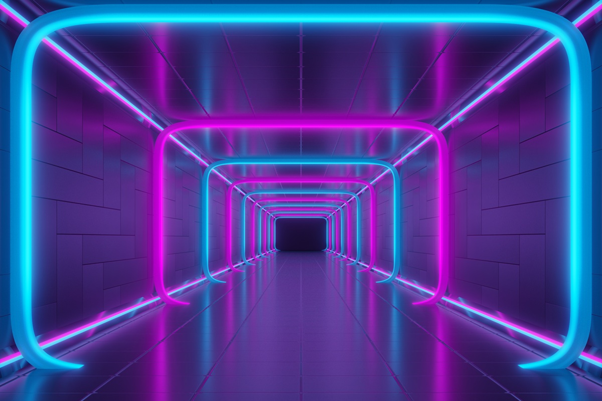 Corredor futurista com estrutura geométrica iluminada por luzes de LED em tons de azul e rosa, criando um efeito de profundidade e imersão.