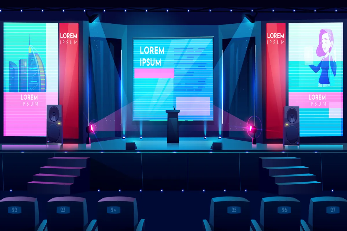 Ilustração vetorial de um palco de conferência/evento noturno, com telas de projeção grandes exibindo texto e ilustrações, e assentos em primeiro plano, simbolizando a comunicação wireless de um evento.
