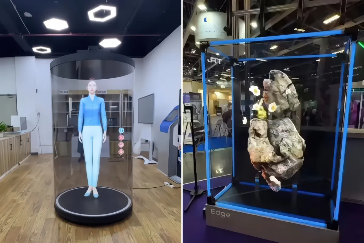 Displays hologrficos 3D exibindo um avatar digital humano e uma projeo realista de rochas com flores em vitrines tecnolgicas.