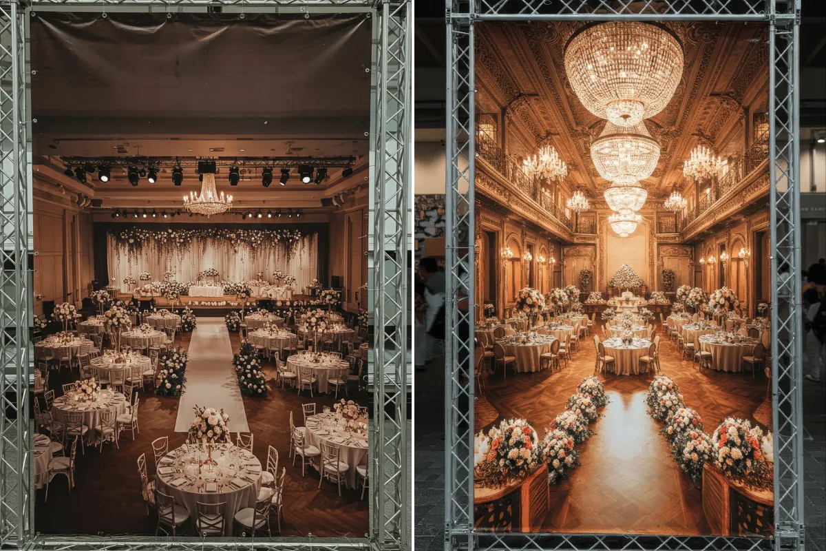 Cen?rio de casamento luxuoso com sal?o amplo, lustres de cristal, mesas redondas decoradas com flores e passarela central iluminada.