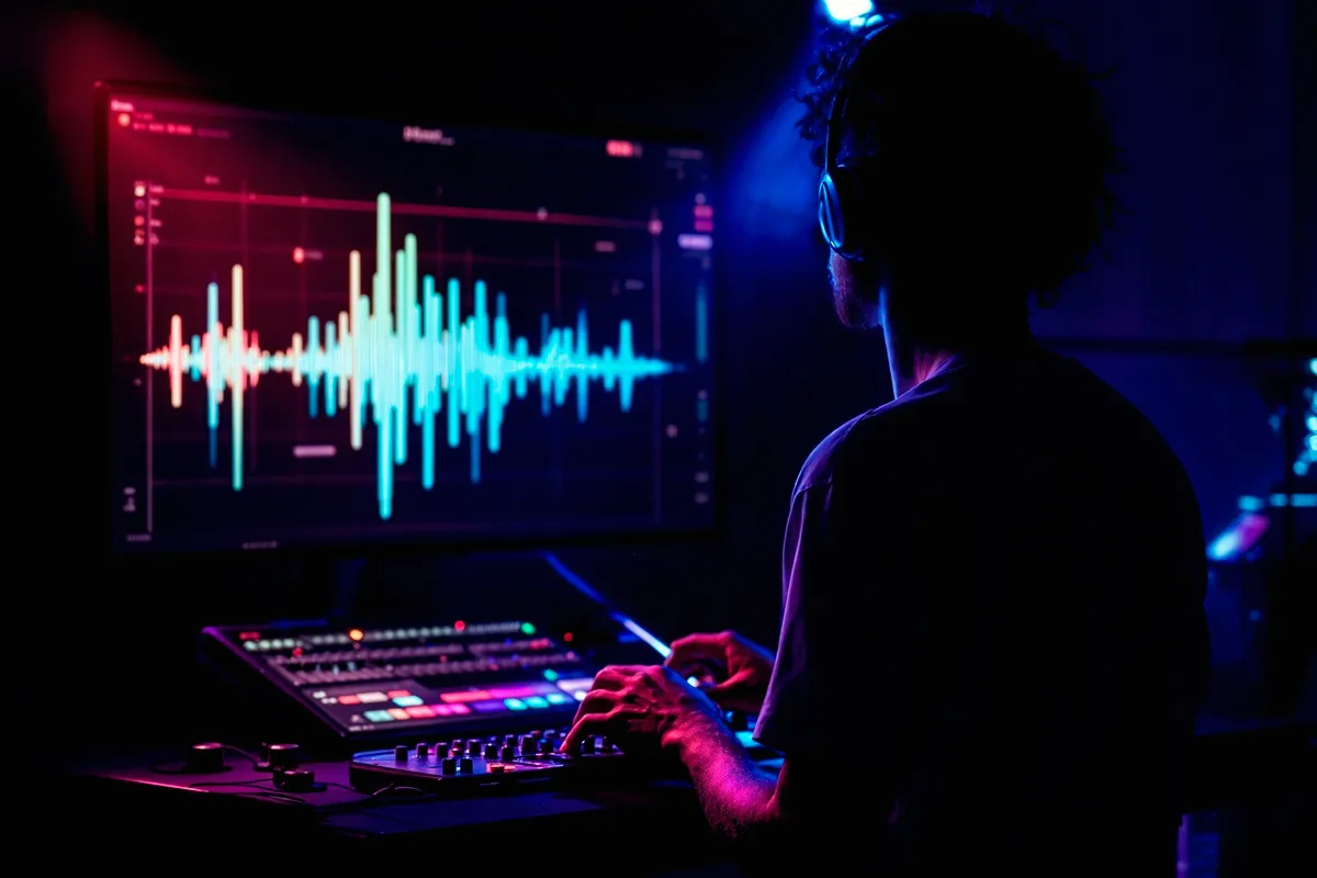 Produtor musical com fones de ouvido trabalhando em mesa de mixagem enquanto observa forma de onda colorida em tela de computador.