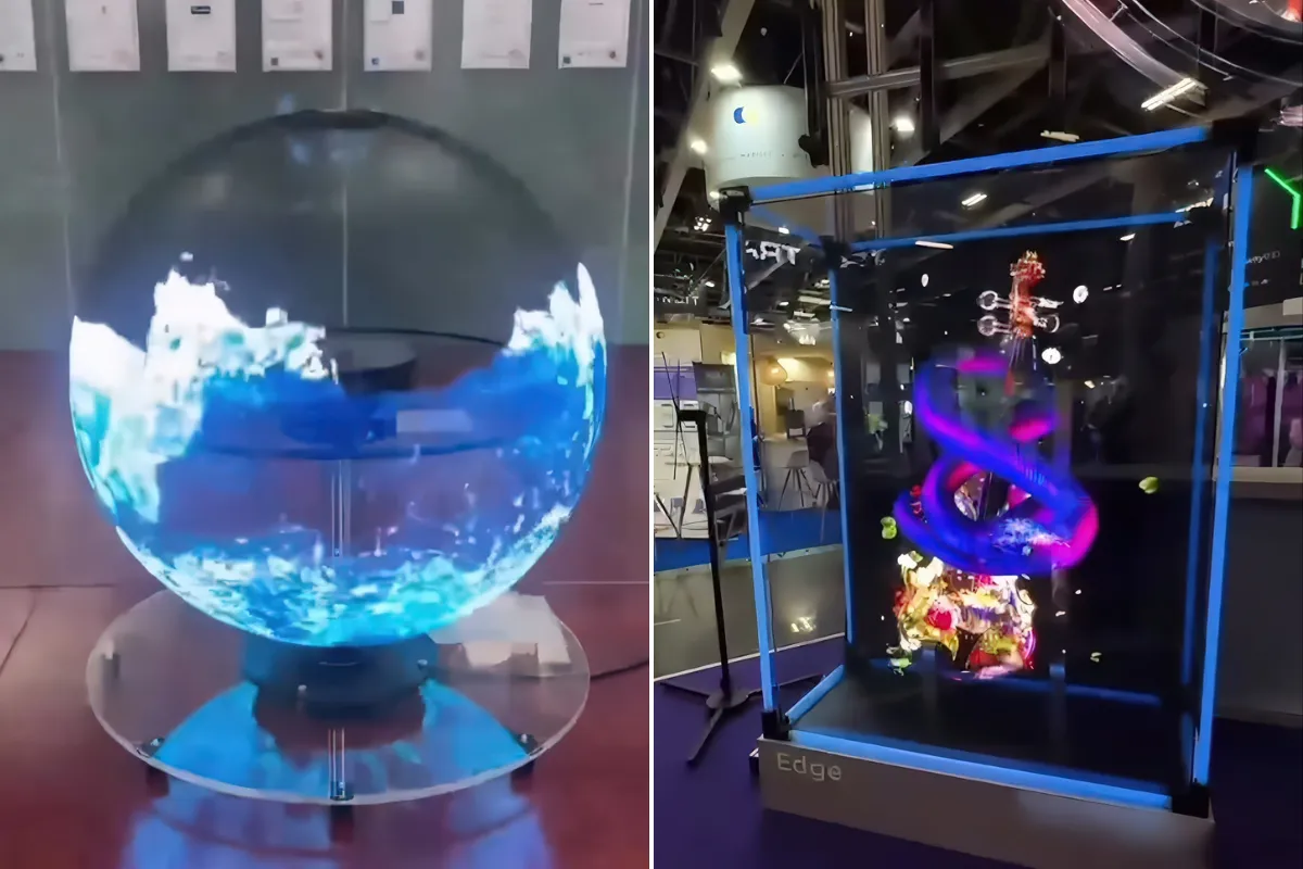 Displays hologrficos 3D exibindo animaes realistas em formatos esfricos e transparentes, usados em eventos e demonstraes tecnolgicas.