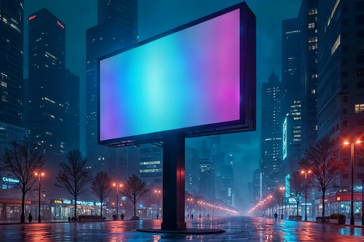 Painel de LED vazio e iluminado com cores azul e rosa em uma avenida moderna durante a noite, com pr?dios altos e luzes urbanas ao fundo.