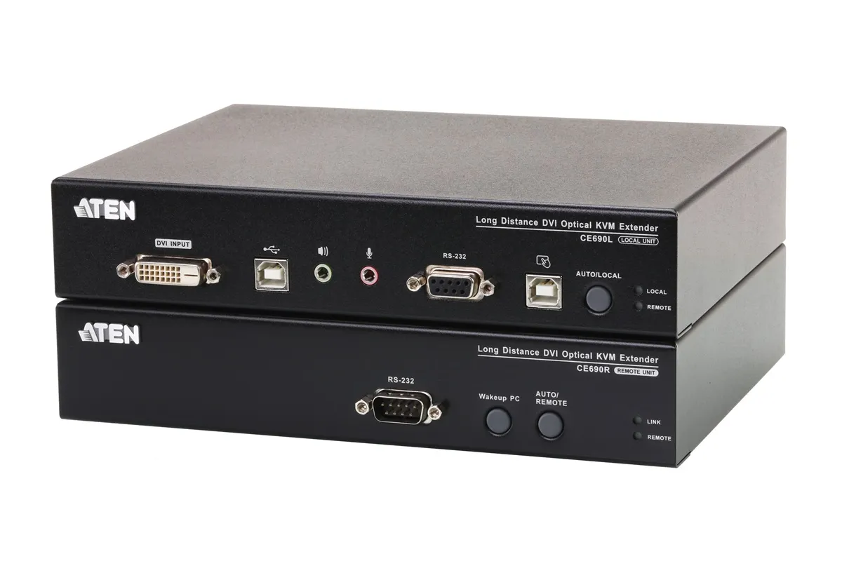 Extensores KVM DVI ópticos ATEN CE690L e CE690R com portas USB, RS-232 e conexões de áudio