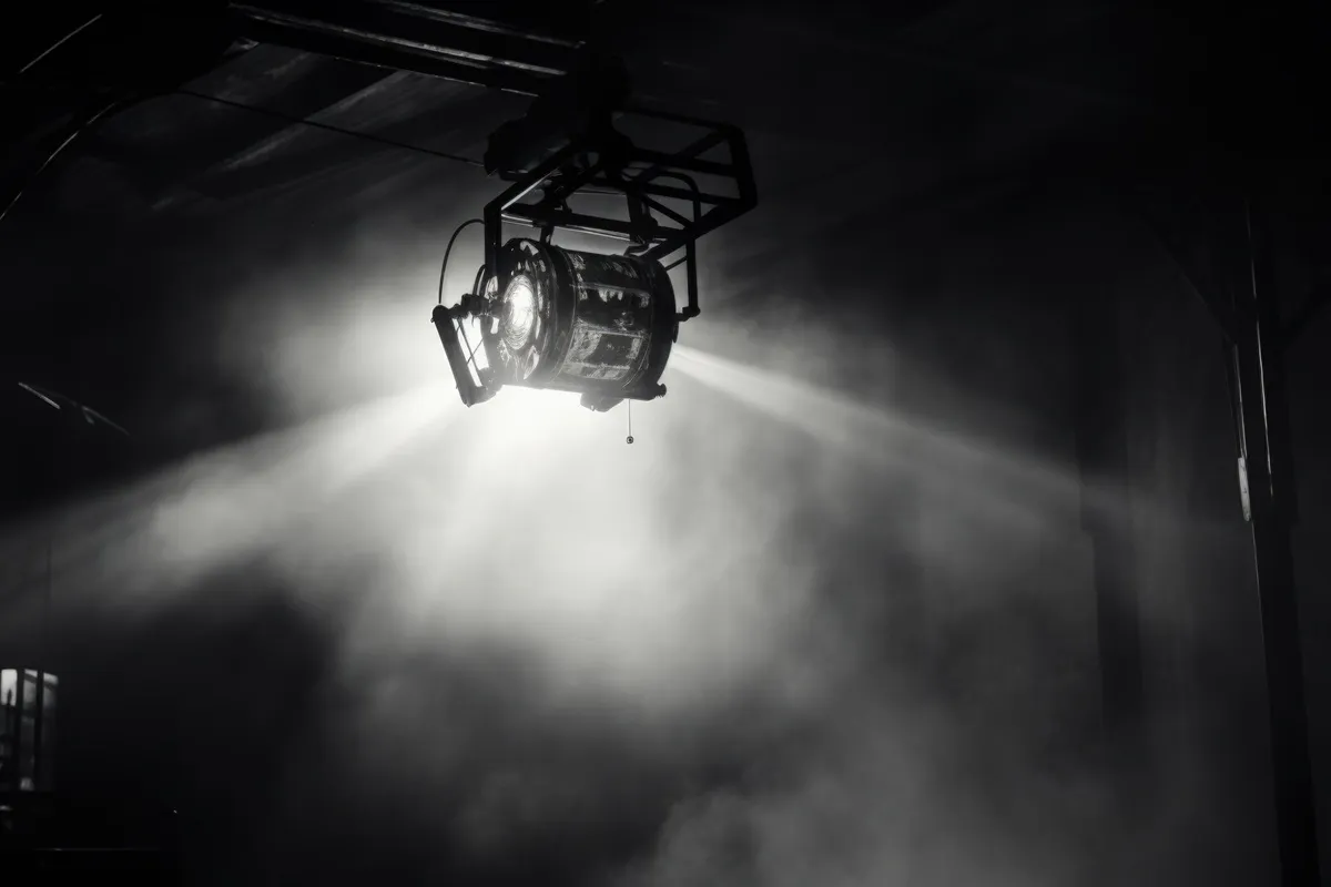 Refletor de luz branca projetando feixes intensos em meio à fumaça em um ambiente de palco ou estúdio.