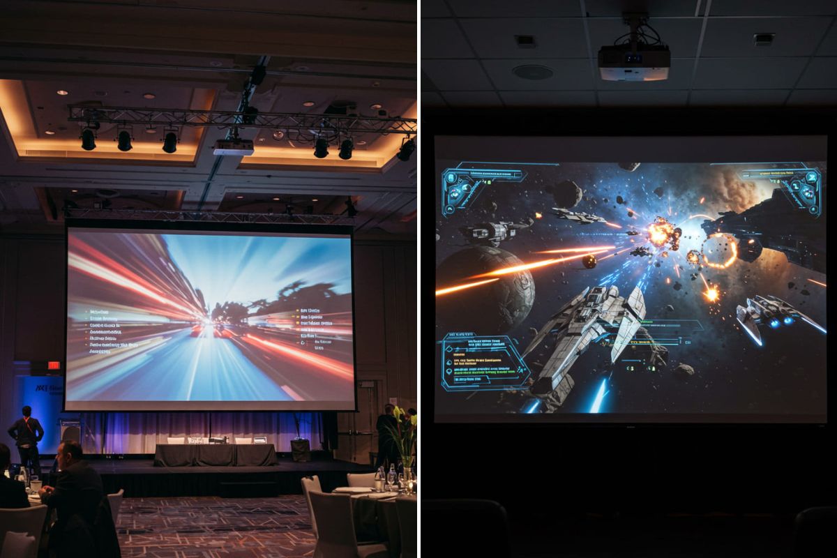 Telões exibindo imagens em alta definição com projetores Full HD, um em evento corporativo e outro em sala escura com projeção de jogo espacial.