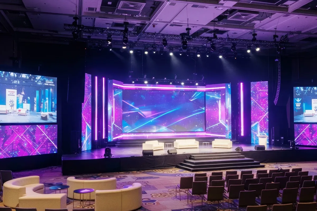 Palco de evento com grandes painéis LED iluminados em tons de roxo e azul, poltronas para entrevistas e cadeiras organizadas para o público.