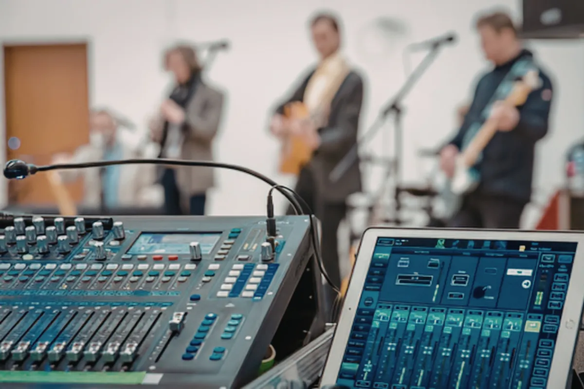 Mesa de som com equipamentos de áudio em primeiro plano e banda tocando ao fundo