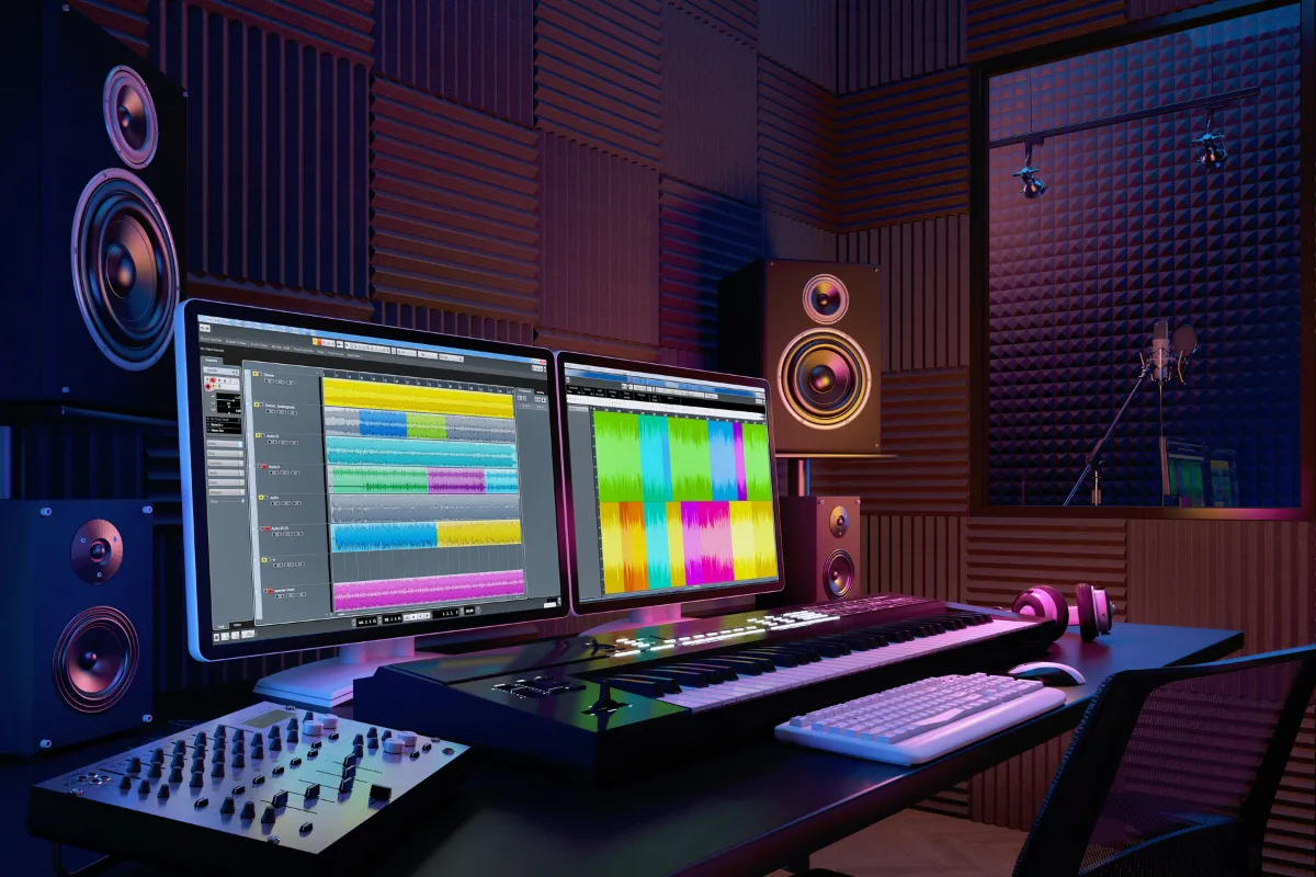 Estúdio de produção audiovisual com monitores exibindo faixas de áudio em software de edição, caixas de som e isolamento acústico nas paredes.