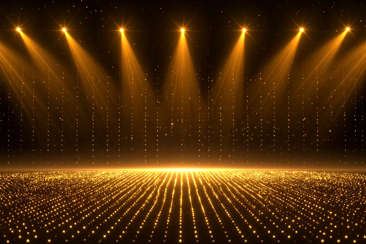 Feixes de luz dourados direcionados sobre um palco com fundo escuro e efeito brilhante
