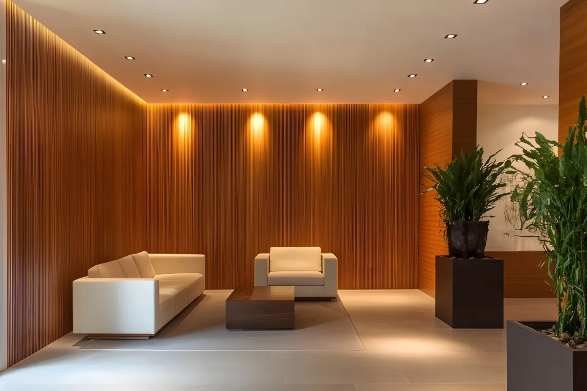 sala interna com iluminação indireta em parede de madeira e spots no teto